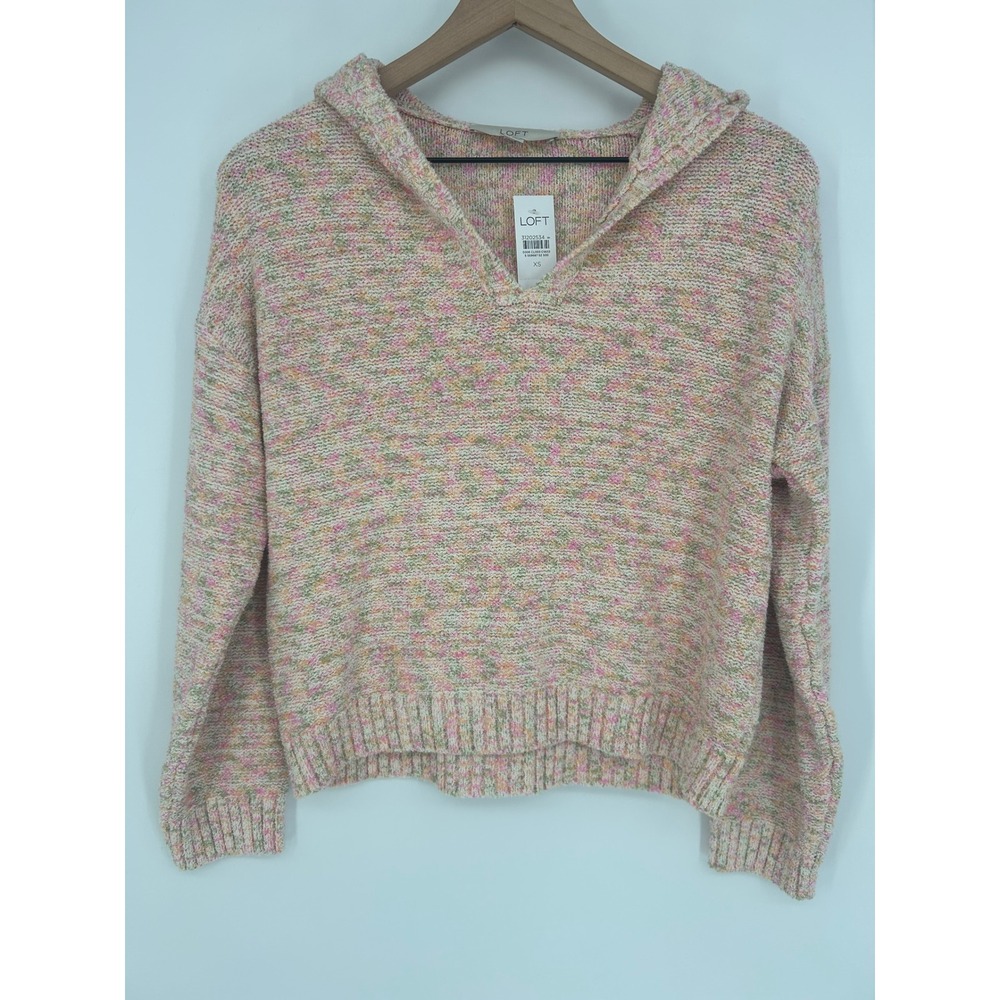 "NWT" LOFT Women's V-Neck Pastel Speckled Knit Oversized Sweater W/Hood- Size XS